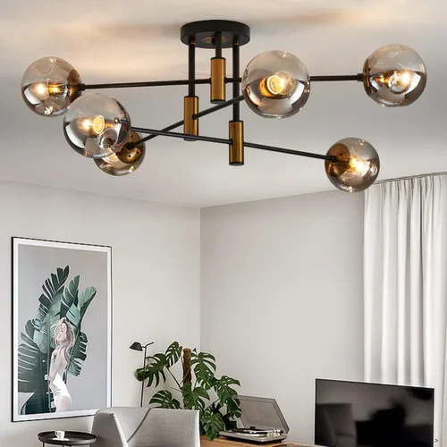 Vista 12 de DDLLDESHI Lámpara de araña de 6 luces dorada con cubierta esférica de vidrio Sputnik, lámpara de techo de 34" de gran tamaño para comedor, lámparas