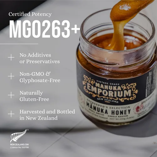 Vista 2 de Manuka Emporium, MGO 263+, Miel de Manuka pura, vitalidad diaria, tarro