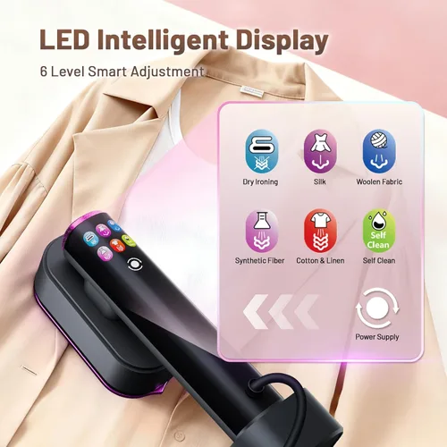 Vista 4 de Vaporizador para ropa, vaporizador de ropa 2 en 1 de mano, plancha de viaje, plancha de vapor de 6 niveles de 1200 W con pantalla LED, calentamiento