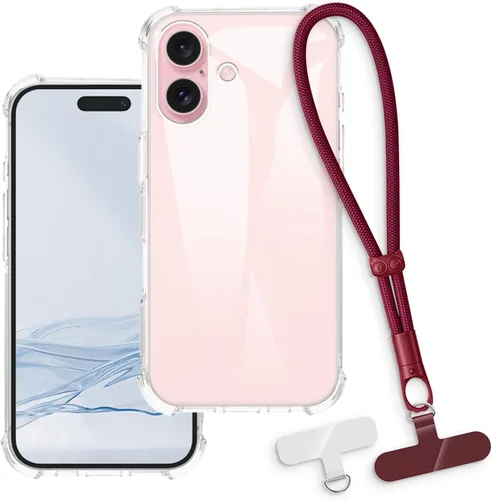 Vista 17 de Funda y correa de muñeca para iPhone 16 - transparente+negro Funda protectora 2 en 1 para teléfono de 6.1 pulgadas con cordón desmontable y Funda