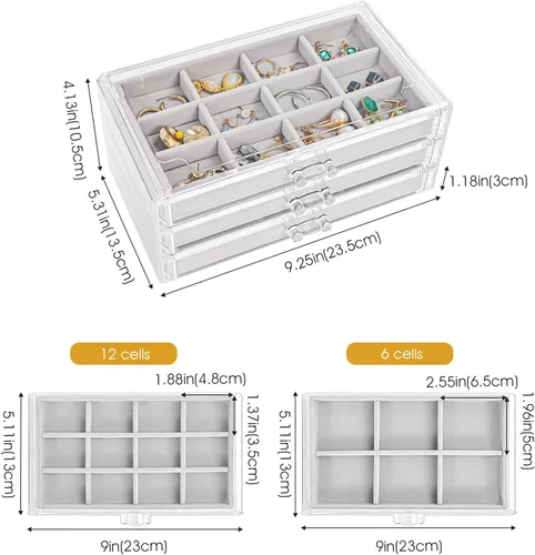 Vista 7 de ProCase Juego de 3 bandejas apilables para joyas con caja organizadora de joyas transparente con 3 cajones
