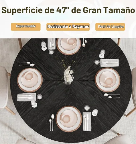 Vista 3 de Mesa de comedor redonda de 47 pulgadas para 4, mesa de comedor de cocina de granja con estante de almacenamiento de 2 capas y panel estriado