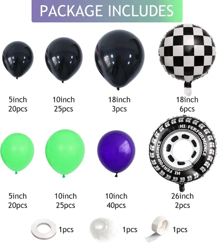 Vista 2 de Kit de arco de guirnalda de globos de 145 piezas con temática de camión monstruo morado y verde y negro con ruedas grandes, globos de aluminio a
