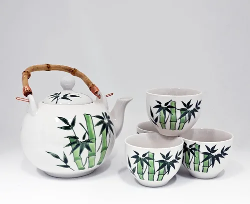 Vista 2 de Juego de té de porcelana con mango de bambú de estilo japonés con infusor, blanco con diseño de bambú verde, tetera de 30 onzas con 4 tazas, caja