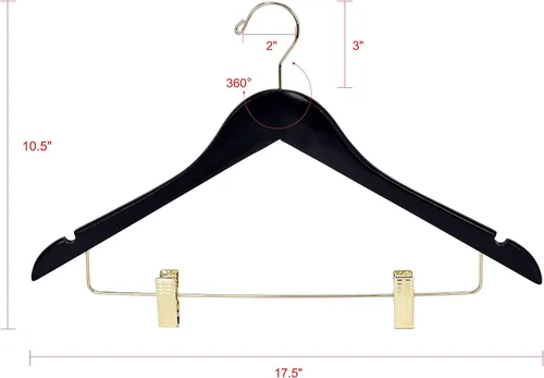 Vista 7 de Perchas de madera de calidad para faldas con clips, paquete de 10 perchas lisas de madera maciza para pantalones con clips de metal ajustables