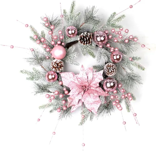 Vista 9 de Corona de Navidad con adornos de bolas para decoración de puerta delantera (corona rosa, 17.7 in)
