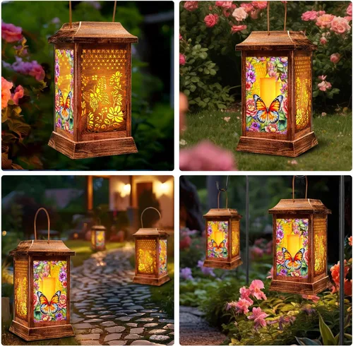 Vista 8 de Linternas solares de mariposa al aire libre impermeables, luces colgantes de metal y vidrio para decoración de jardín, regalos de cumpleaños