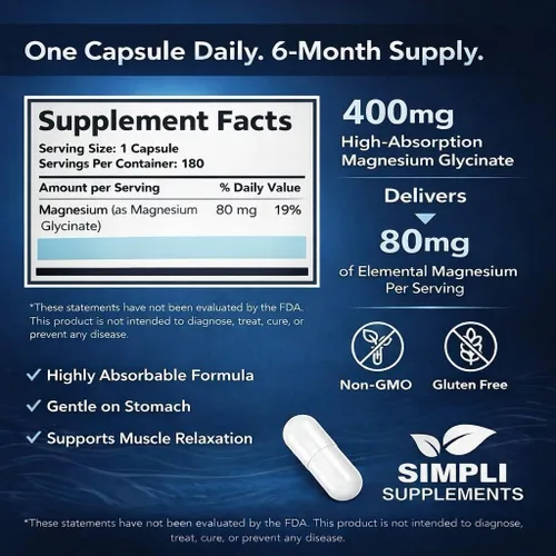 Vista 3 de Glicinato de Magnesio 400mg por Porción – Alta Absorción – Suave para el Estómago – Apoya el Sueño, la Relajación, los Músculos, Huesos y Salud