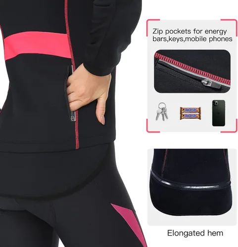 Vista 4 de DIFOS Chaquetas de ciclismo de forro polar para mujer, térmicas, cálidas, resistentes al viento, con cremallera completa, abrigo para correr