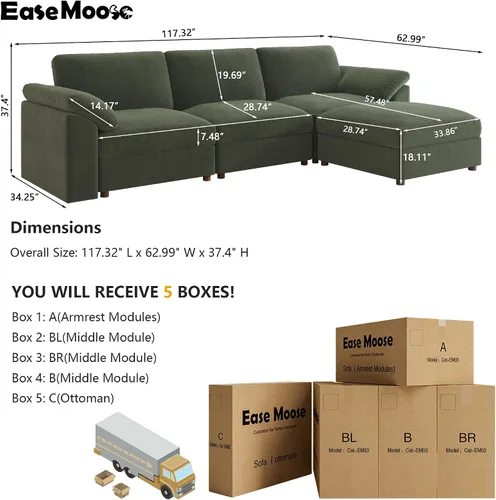 Vista 2 de EASE MOOSE Sofá modular verde seccional de gran tamaño en forma de L Pana verde