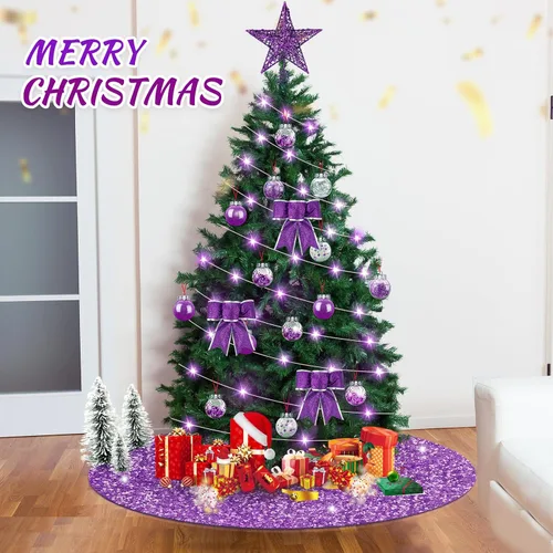 Vista 6 de Hiboom Juego de 48 piezas de decoraciones de árbol de Navidad morado, estrella de purpurina, topper de árbol con lentejuelas, falda de árbol