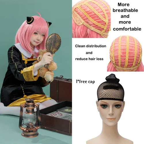 Vista 7 de Cindylou Anya - Peluca de Bob rosa para Anya Forger Cosplay para Spy x Family Cosplay Pelucas sintéticas de alta resistencia al calor para fiestas
