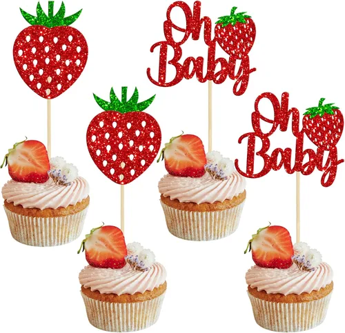 Vista 8 de Paquete de 24 adornos para cupcakes Sweet Oh Baby con purpurina de fresa, selecciones de frutas, baby shower, niños, cumpleaños, bayas, cupcakes