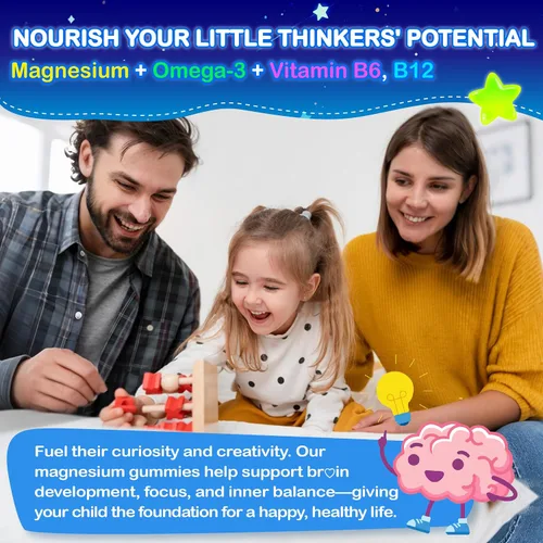 Vista 5 de Gomas de glicinato de magnesio para niños - Suplemento de glicinato de magnesio 200mg con L-teanina Omega-3, calcio, vitamina D3 y B12 para niños