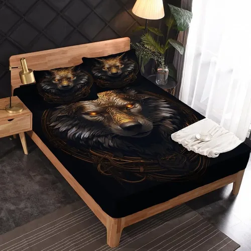 Vista 2 de Juego de sábanas Queen – Sábanas de cama de lobo, sábanas y fundas de almohada de color negro y dorado, microfibra suave, bolsillo profundo y sin