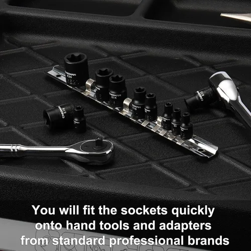 Vista 6 de CASOMAN 11PCS hembra Torx Socket Set, E Torx & Star Socket Set con riel, E4 - E20 Torque Sockets