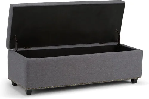 Vista 5 de Otomano rectangular de almacenamiento Simpli Home Hamilton, Madera, Gris pizarra Pizarra gris