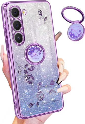 Vista 16 de Funda 3 en 1 para teléfono Samsung Galaxy A03S con purpurina brillante para mujeres y niñas, cubierta brillante con bonito diseño floral de flores