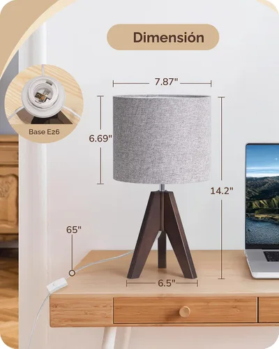 Vista 5 de EDISHINE Lámpara de mesa pequeña estilo Boho, lámpara de mesa de madera color nogal con trípode, lámpara de mesita de noche estilo granja