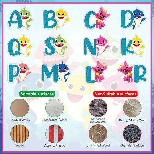 Vista 6 de BBY Shrk A-Z - Adhesivo decorativo para pared, diseño colorido de caricaturas con letras con iconos del océano, suministros educativos divertidos