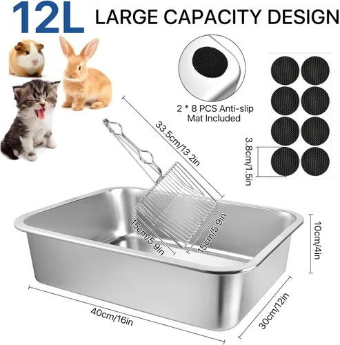 Vista 2 de Caja de arena de acero inoxidable para gatos, caja de arena grande de 16 x 12 x 4, sartén antiadherente para gatos con cuchara de arena de metal