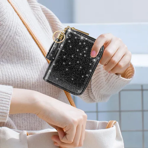 Vista 6 de Billetera pequeña para tarjetas de crédito RFID con purpurina linda para mujer