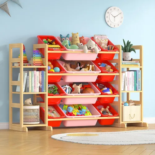 Vista 9 de Organizador grande de almacenamiento de juguetes para niños, organizador de juguetes y estantería combinada con 12 contenedores y 6 estantes, caja
