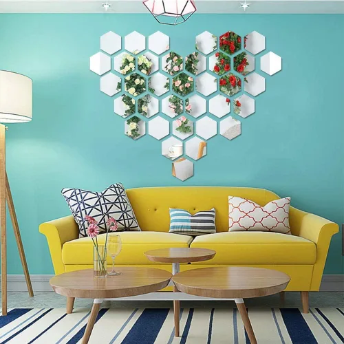 Vista 9 de Pegatinas de pared de espejo sin espejo de cristal, espejo de plástico, 3D, hexagonal, acrílico, decoración de pared, azulejos autoadhesivos