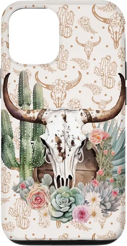 Vista 28 de Western Boho Chic Longhorn Bull Skull Cactus Beige Pattern Case for iPhone 17