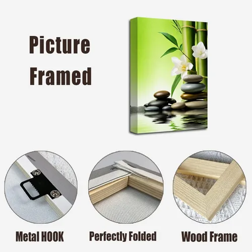 Vista 6 de LZIMU Arte de pared zen para decoración de baño, piedra zen, bambú y flores blancas, impresiones en lienzo de meditación zen para yoga, decoración