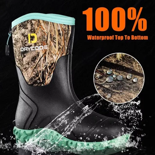 Vista 2 de D DRYCODE Rubber Boots for Women, 5mm Neoprene Mid Calf Rain Boots with Steel Shank, Waterproof Insulated Hunting Boots, Mud Work Boots, Black