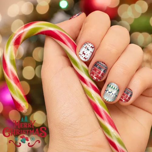 Vista 4 de 12 hojas de calcomanías de Navidad para uñas, tiras de esmalte de uñas, autoadhesivas, diseño de Papá Noel, árbol de Navidad, copo de nieve con 2