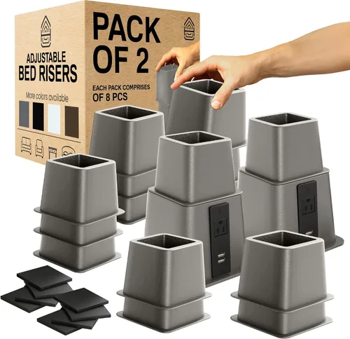 Vista 8 de Home Intuition Elevadores de cama ajustables resistentes de 3, 5 u 8 pulgadas, paquete de 4 unidades (gris con USB)