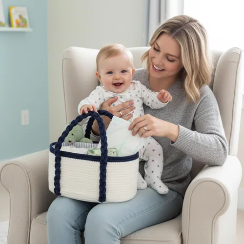 Vista 5 de Organizador de pañales portátil para cambiador, regalos de baby shower, artículos esenciales para recién nacidos, cuerda de algodón, cesta de Blanco