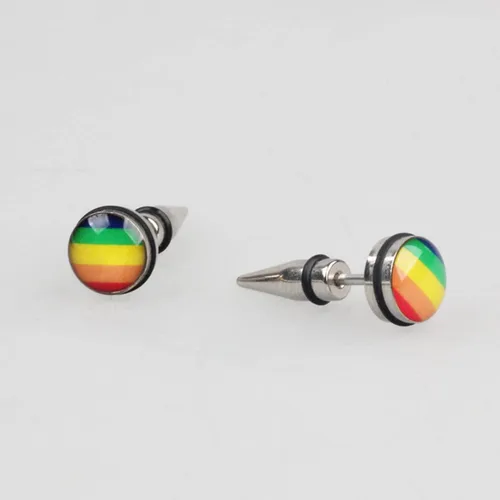Vista 4 de Pendientes de tuerca de acero inoxidable 316L con orgullo gay lesbiano arco iris, triángulo redondo LGBT, aretes de tuerca de arco iris a la moda