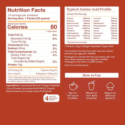 Vista 2 de Further Food Polvo de péptidos de colágeno de chocolate con hongo Reishi, 100% alimentado con pasto, hidrolizado tipo 1 y 3, 0.71 oz de colágeno por