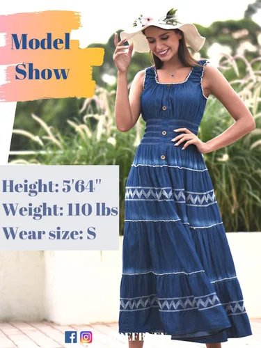 Vista 3 de DREFBUFY - Vestido largo para verano, sin mangas, acampanado, de mezclilla y algodón, azul, estilo casual y bohemio, para mujer