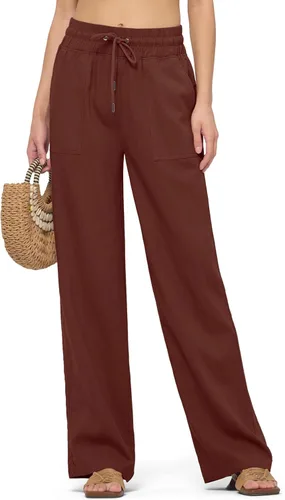 Vista 22 de Willit Pantalones de lino para mujer, pantalones palazzo de pierna ancha Khaki - Actualización