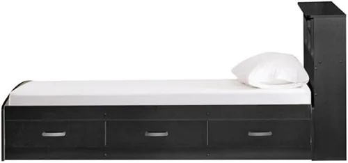Vista 7 de Pemberly Row Moderna cama de madera tamaño individual con cajones, acabado negro, madera fabricada, cabecera de estantería, resistente a