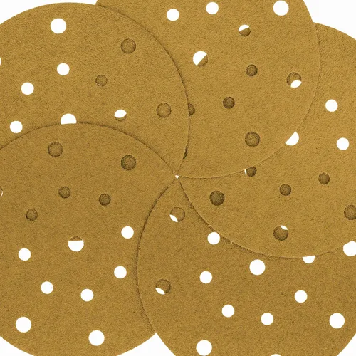 Vista 3 de Dura-Gold Discos de lijado dorados de 6 pulgadas de alta calidad, grano 60 (caja de 50), papel de lija de gancho y bucle sin polvo con patrón de 17