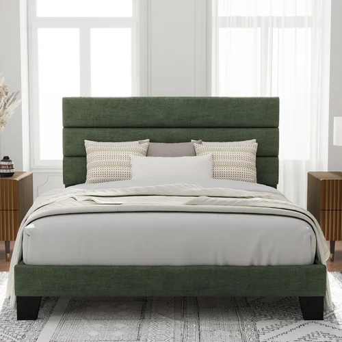 Vista 33 de Allewie Base de cama de plataforma de tamaño individual con cabecera tapizada de tela y soporte de listones de madera, base de colchón totalmente