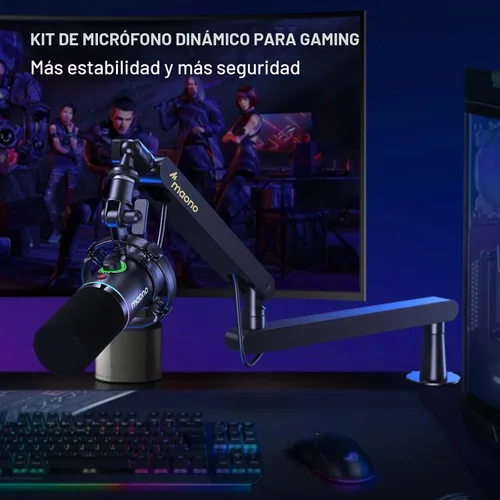 Vista 2 de MAONO Kit de micrófono dinámico XLR/USB, paquete de micrófono RGB para juegos para podcast Studio Streaming Grabación Vocal PD200X+BA92 Negro