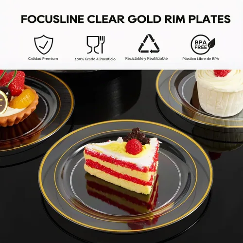Vista 4 de FOCUSLINE Platos pequeños de plástico transparente dorado de 7 pulgadas, 100 unidades, platos transparentes desechables resistentes con borde