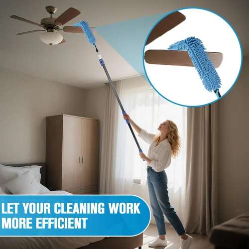 Vista 5 de Plumero de telaraña con poste de extensión, limpiador de ventilador de techo de 20 pies, kit de plumero de techo alto con poste de extensión