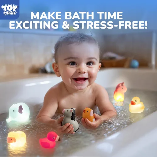 Vista 6 de TOY Life 12 piezas de juguetes de baño de animales que se iluminan para edades 1-3, juguetes de baño luminosos sin agujeros para niños, regalos