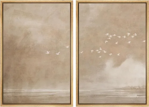 Vista 101 de Ashbrook - Set de arte de pared en lienzo enmarcado, tonos orgánicos de la tierra en beige y marrón con ilustraciones de trazos circulares, arte