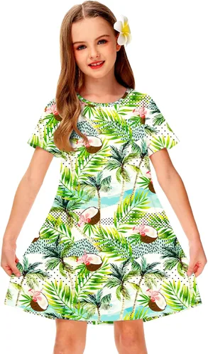 Vista 5 de Deerose Kids Summer Short Sleeve Dresses Hawaiian Tshirt Sundress 3-14 Years Coconut trees
