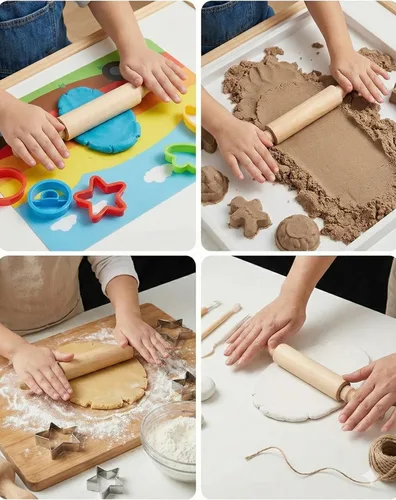 Vista 2 de Mini rodillos de 8 pulgadas para niños (paquete de 6) sin astillas, madera dura antiadherente para hornear, manualidades sensoriales, Play-Doh