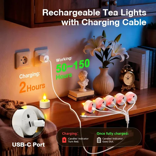 Vista 2 de PChero Paquete de 6 velas de té recargables con temporizador remoto, USB-C