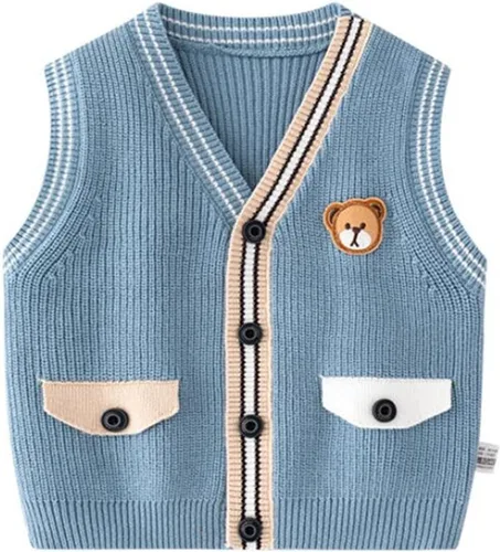 Vista 10 de Chaleco de suéter unisex para bebé con cuello en V y mangas sin costuras de algodón suave Cárdigan Oso Albaricoque